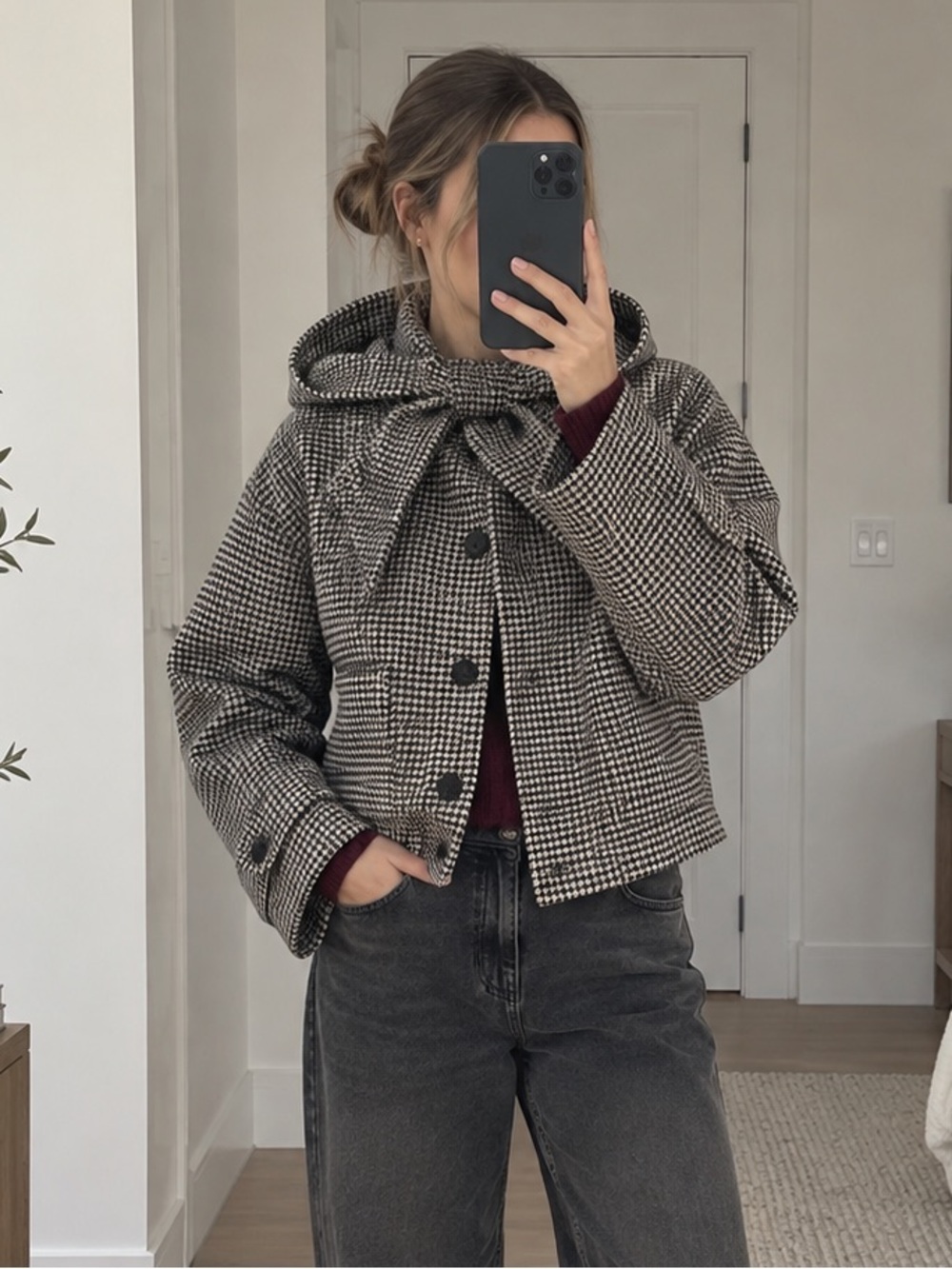 WILT Houndstooth Hooded Cropped Jacket Detachable Cape Black White Size S